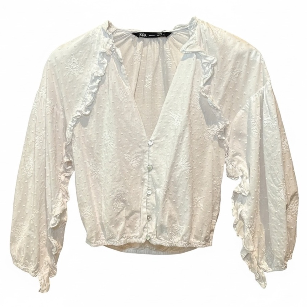 Zara Ivory Ruffle Dot Button-Front Blouse